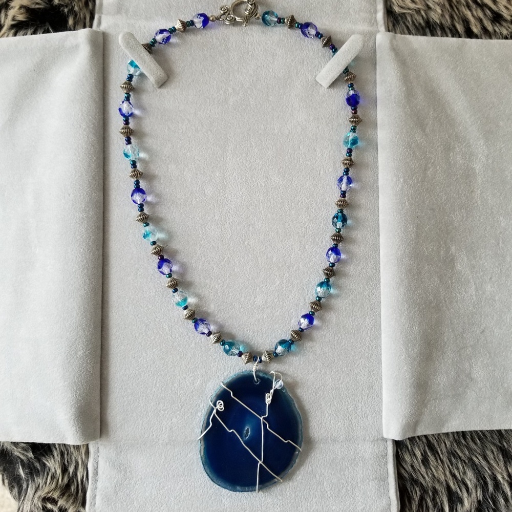 Handmade Wire Wrapped Blue Glass Beaded Necklace